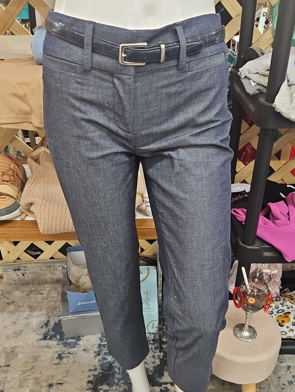 Ann Taylor Women's Cropped Dress Pants in Charcoal Blue with Black Belt